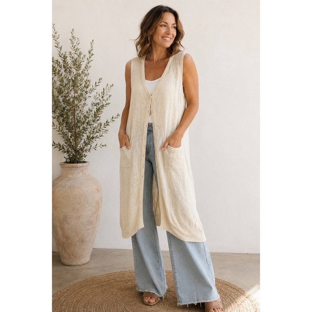 Sundance Linen Longline Sweater Vest Womens L Cream Button Front Duster Boho Y2K